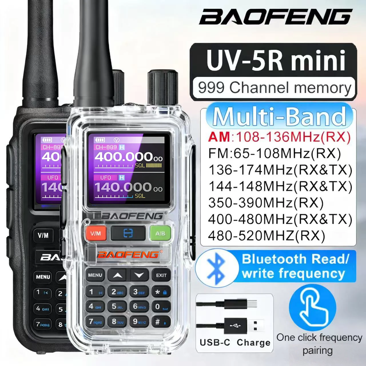 Baofeng UV-5R Mini Walkie-Talkie mit Luftfahrtband, UHF/VHF Dual-Band, Dual-PTT, programmierbar, Typ-C, für Camping und Amateurfunk Image