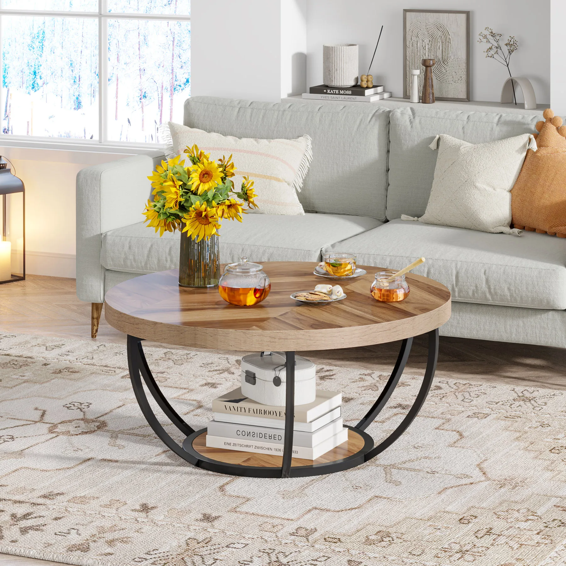 LITTLE TREE 80 cm runder Couchtisch, industrieller 2-stufiger runder Couchtisch mit Ablageflächen, moderner Sofa-Beistelltisch aus Holz