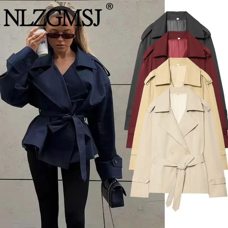 Nlzgmsj 2026 Frühling Französischer Stil Damen Kurzer Trenchcoat Doppelreihig mit Gürtel Reverskragen Langarm Eleganter Windbreaker Image
