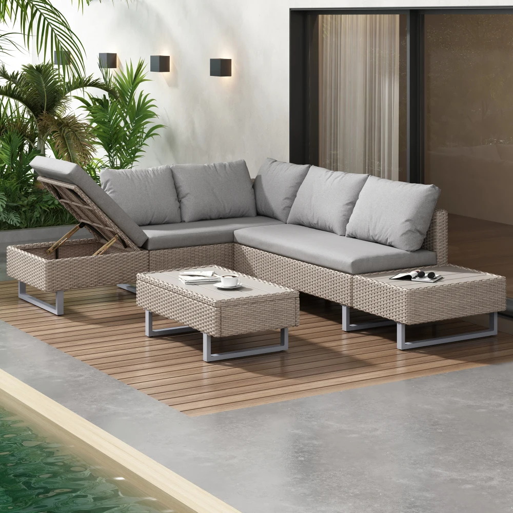 Gartenmöbel-Sitzgruppe Sofa Lounge, Garten-Lounge für 4-5 Personen, Ecksofa, Tisch, Abnehmbarer und Waschbarer Stoff Image