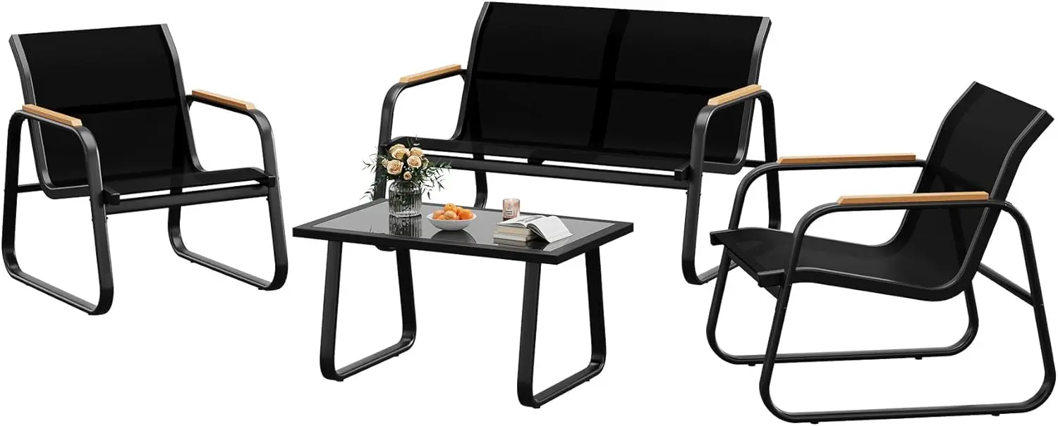 Gartenmöbel-Set, 4-teiliges Textilene-Balkonmöbel-Set mit Tisch, Sofa und 2 Stühlen, Stahl, Sitzgarnitur für den Garten