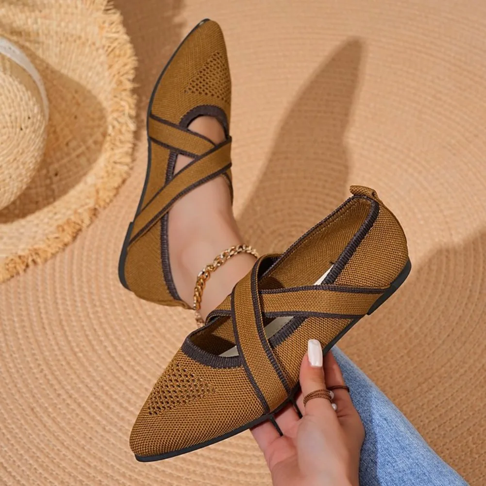 Damenschuhe, atmungsaktive Mesh-Schuhe mit spitzer Zehenpartie, flache Schuhe, modische, gestrickte Schuhe mit weichem Boden, weibliche, lässige Slip-on-Schuhe, Slipper