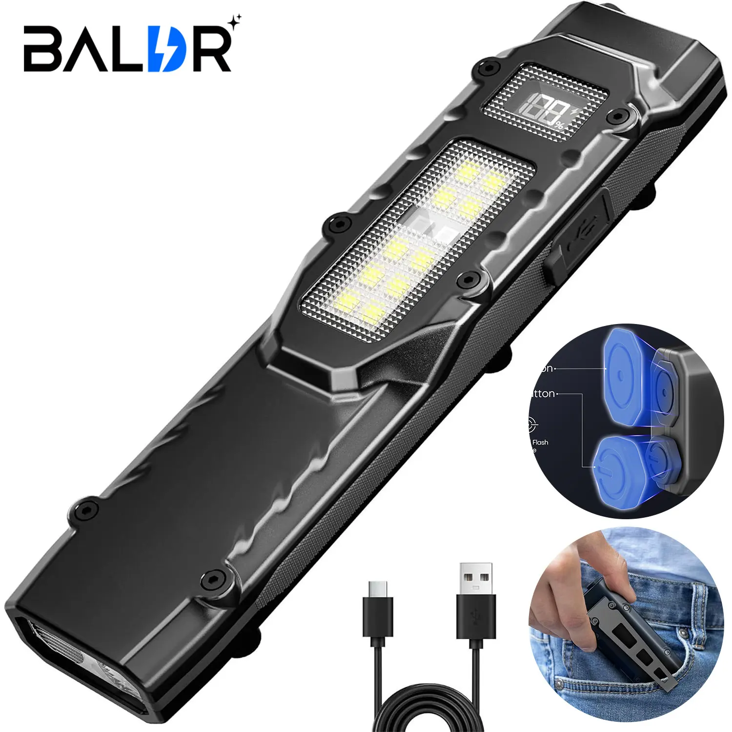Wiederaufladbare Hochlumen-Flachlampen EDC Taktische Taschenlampe, Doppelschalter-LED-Kleintaschenlampe mit Digitalanzeige, Edelstahl Image