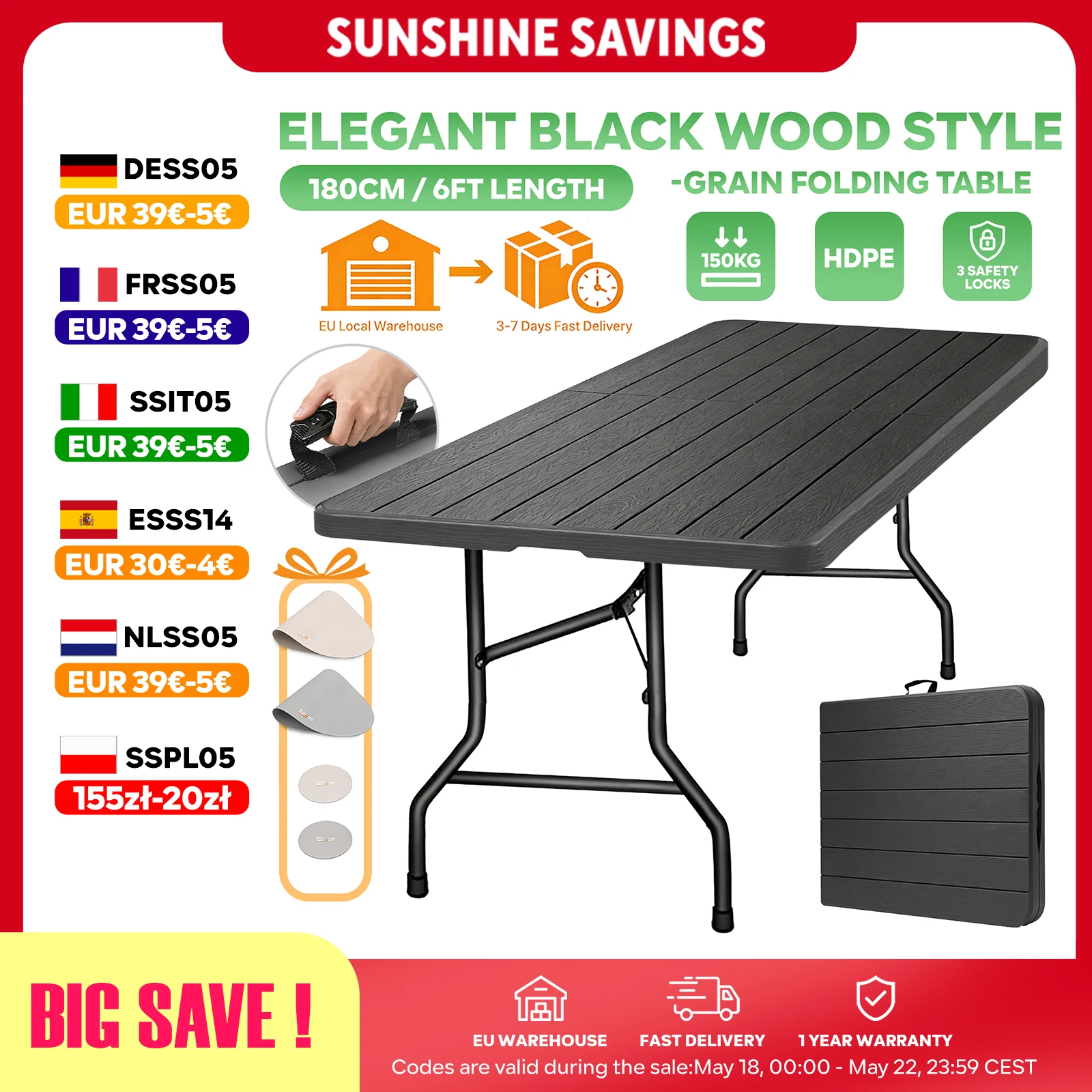 180cm Tragbarer Klapptisch HDPE Gartentisch Koffertisch Outdoor Camping 150kg + 2 Tischsets & Untersetzer