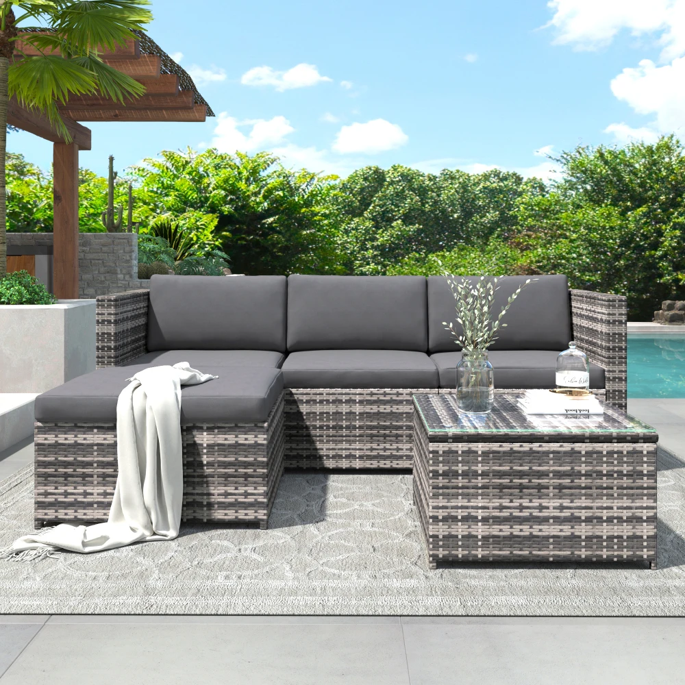Polyrattan-Lounge-Sofa-Möbel, Gartenmöbel für den Außenbereich, Ecksofa, mit Sitz- und Rückenkissen, Tisch mit Glasplatte