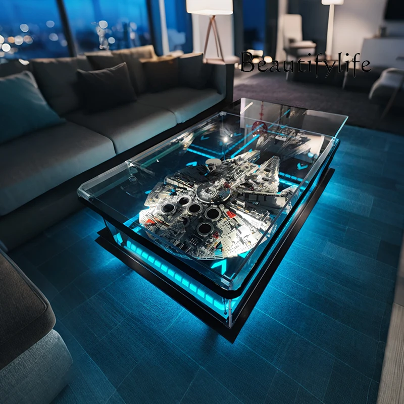 Modernes, einfaches Wohnzimmer, Zuhause, Couchtisch, Acryl, Display-Box, Baustein, Modell, Staubschutz, fortgeschrittener Sinn Image