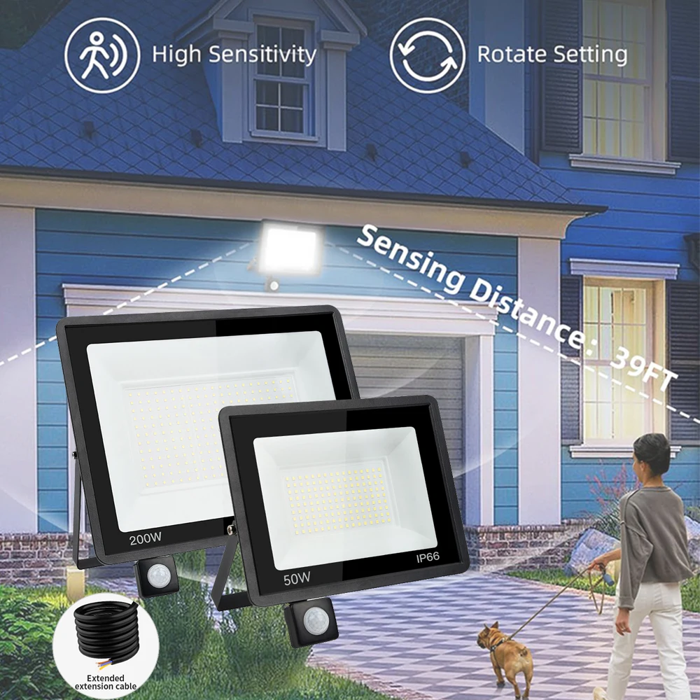 LED-Flutlicht-Außenlampe, 50 W, 200 W, kaltweiß, IP66, wasserdicht, LED-Flutlicht, PIR-Bewegungsmelder Image