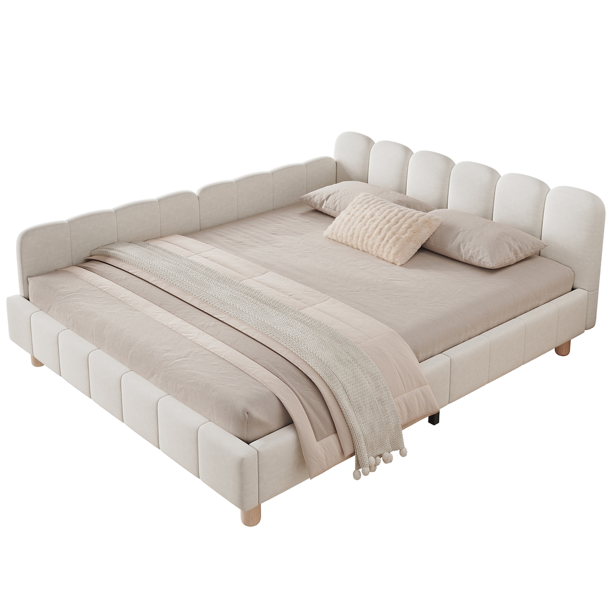 Merax Polsterbett 140x190 cm Doppelbett mit gepolstertem Kopfteil & flexiblem Rausfallschutz (3-fach montierbar), Samt-Bezug, Massivholzbeine, Beige Image