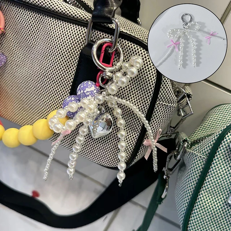 Süßer Perlen-Schleifen-Schlüsselanhänger mit Herzanhänger, ästhetischer Schlüsselhalter für Mädchen, Taschenanhänger, Accessoires Image