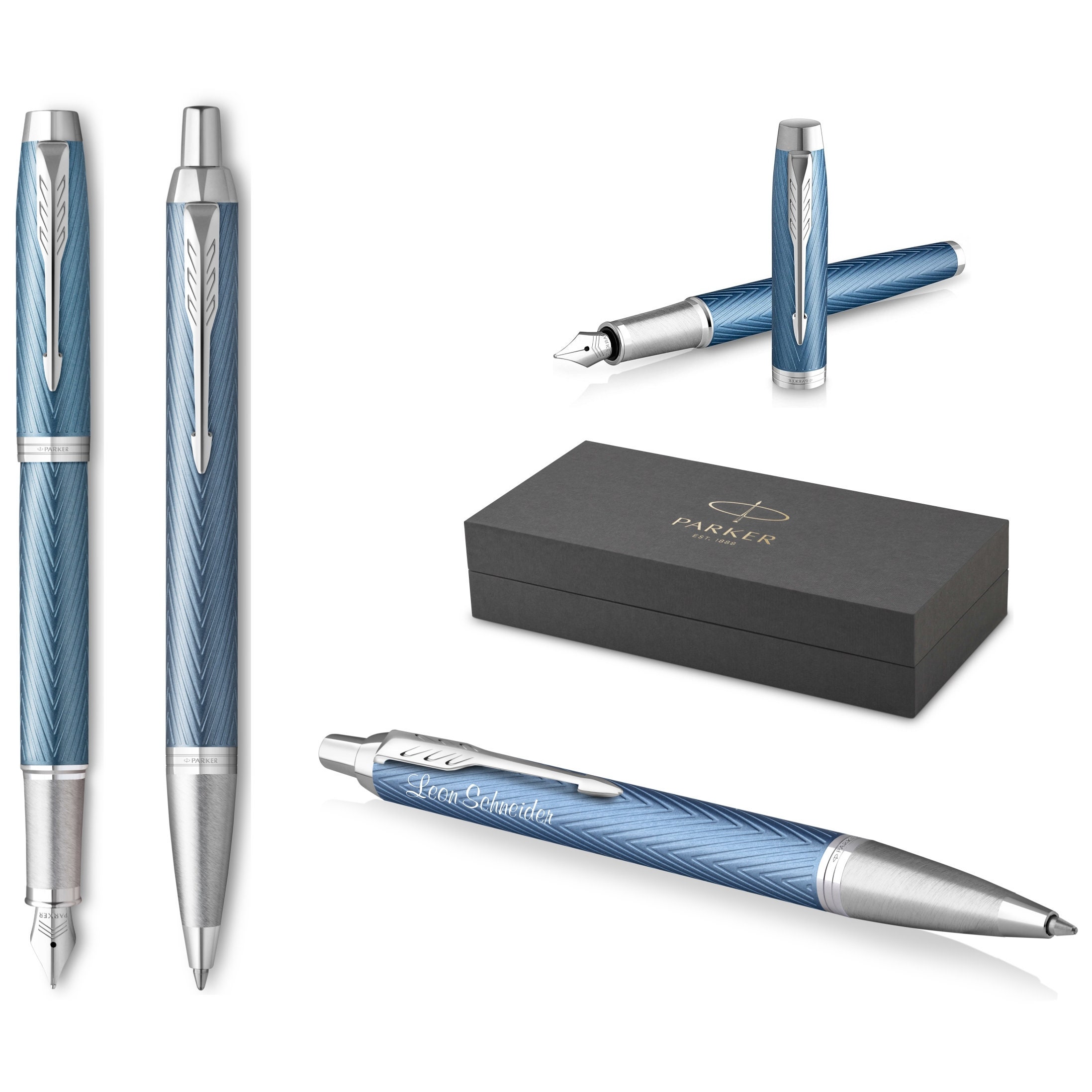 PARKER IM Premium Writing Set Penna stilografica e Penna a sfera Blu Grigio C.C. con incisione, compleanno inciso personalizzato