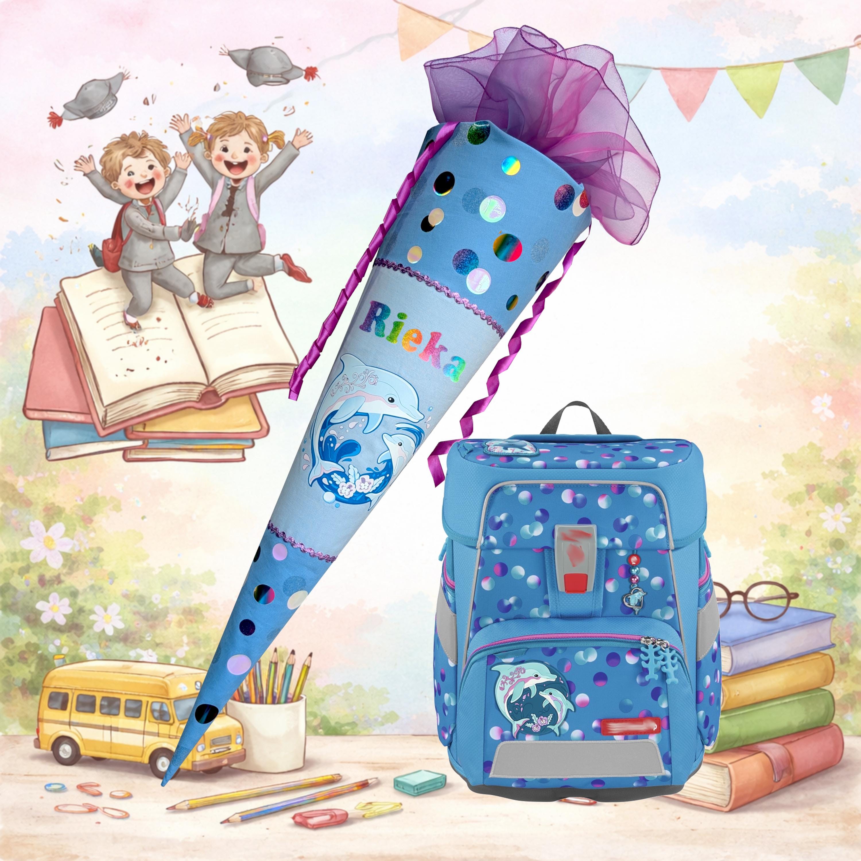 Cono scolastico per bambine con delfini - cono scolastico in tessuto con tulle e glitter abbinato a Step by Step Dolphin Finja con nome