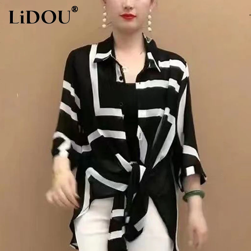 Camicetta Casual allentata con stampa moda donna primavera estate bottoni a maniche lunghe femminili All-match Top Lady elegante camicia con protezione solare