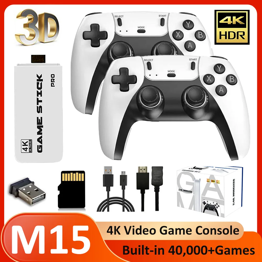 M15 Family Video Game Console 4K HD TV Game Stick Built-in 40,000+ Retro Games with Dual 2.4G Controllers Supports 20+ Simulator