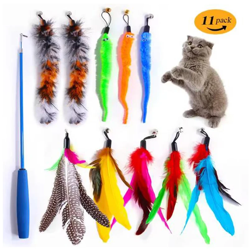 Giocattoli per gatti 11 pezzi Set di giocattoli di ricambio per piume per gatti Testa di ricambio per piume Prodotti per gatti retrattili per bastoncini per gatti