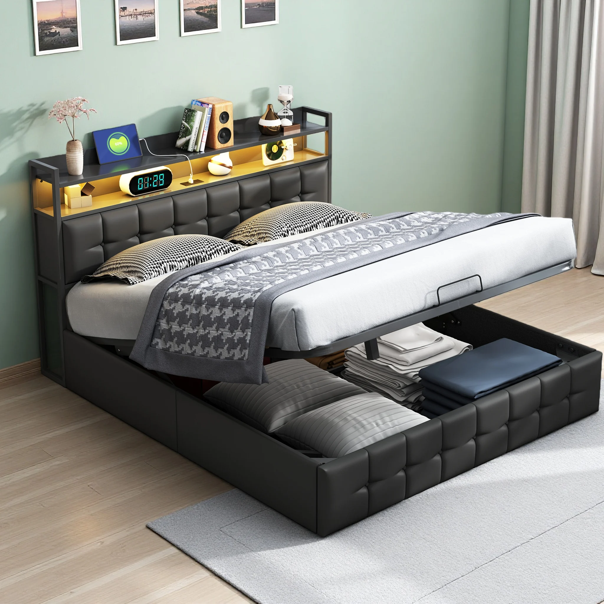 Anajqaqia 160x200cm Polsterbett mit Stauraum und Lattenrost, LED-Kopfteil mit USB-Ladeanschluss, PU, Schwarz Image