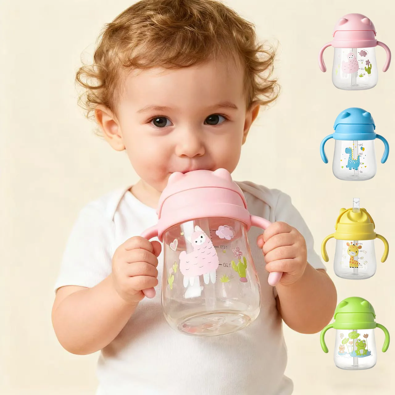 270ML Baby-Trinkbecher mit Cartoon-Motiv, Trainingsbecher mit Strohhalm und Doppelgriffen aus PP-Material, Niedlicher Anti-Verschluckungs-Trainingsbecher für Babys Image