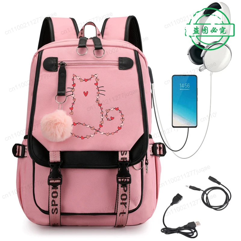 Sacs à dos pour étudiants, sac d'école rose motif cœur de chat mignon, sacs d'école pour enfants filles, sacs à dos pour adolescents, sacs à dos anime pour enfants
