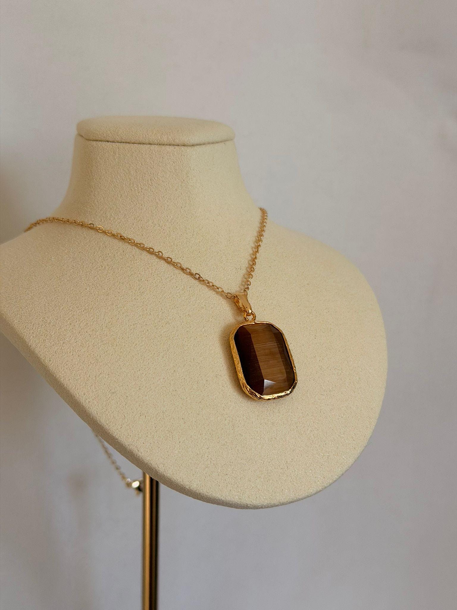 Collana in quarzo fumé marrone taglio smeraldo, ciondolo con pietra preziosa fumé, ciondolo elegante, gioielli importanti placcati in oro 22k