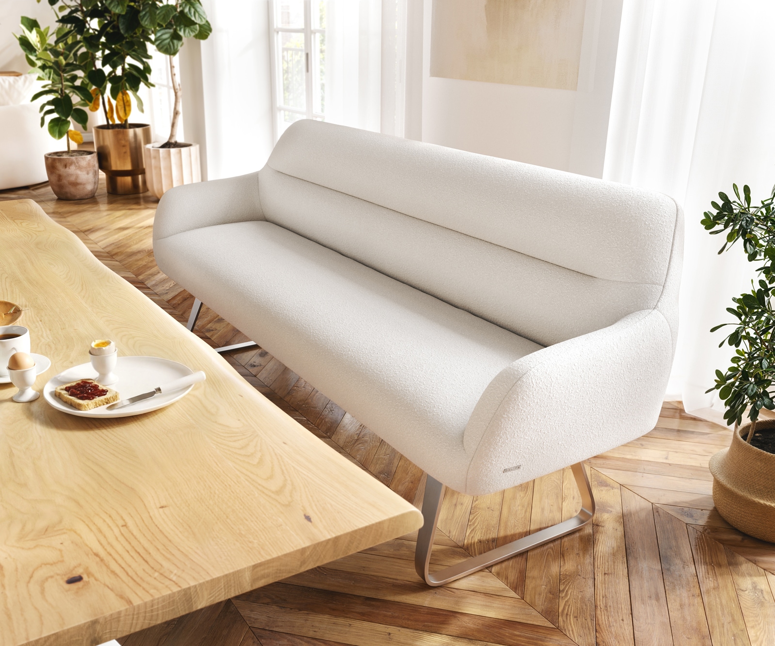 DELIFE Esszimmerbank Taya-Flex 200 cm Bouclé Creme-Weiß Kufengestell flach Edelstahl Taschenfederkern, Bänke