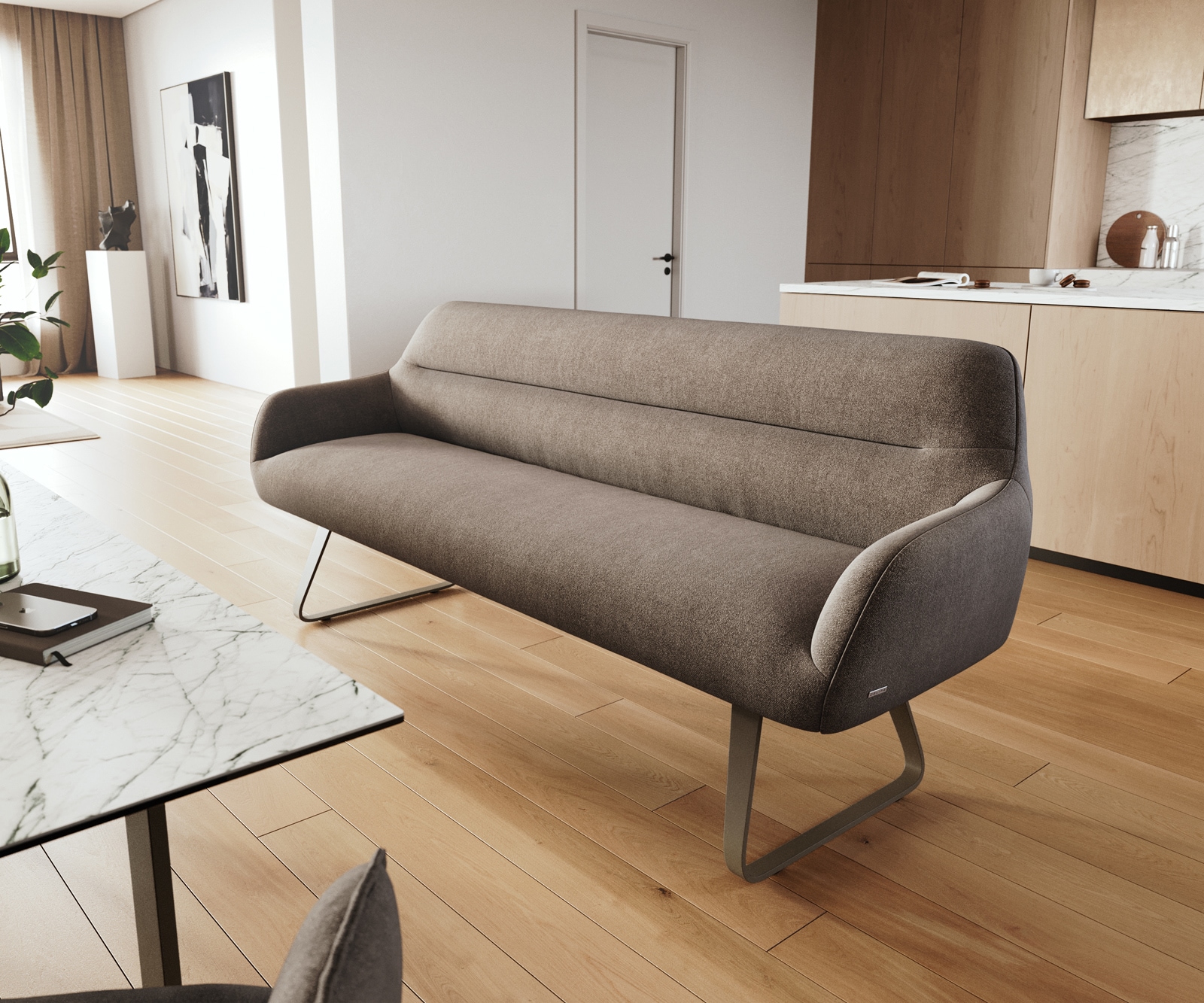 DELIFE Esszimmerbank Taya-Flex 200 cm Strukturstoff Soft Taupe Kufengestell flach Effektfinish Titan Taschenfederkern, Bänke
