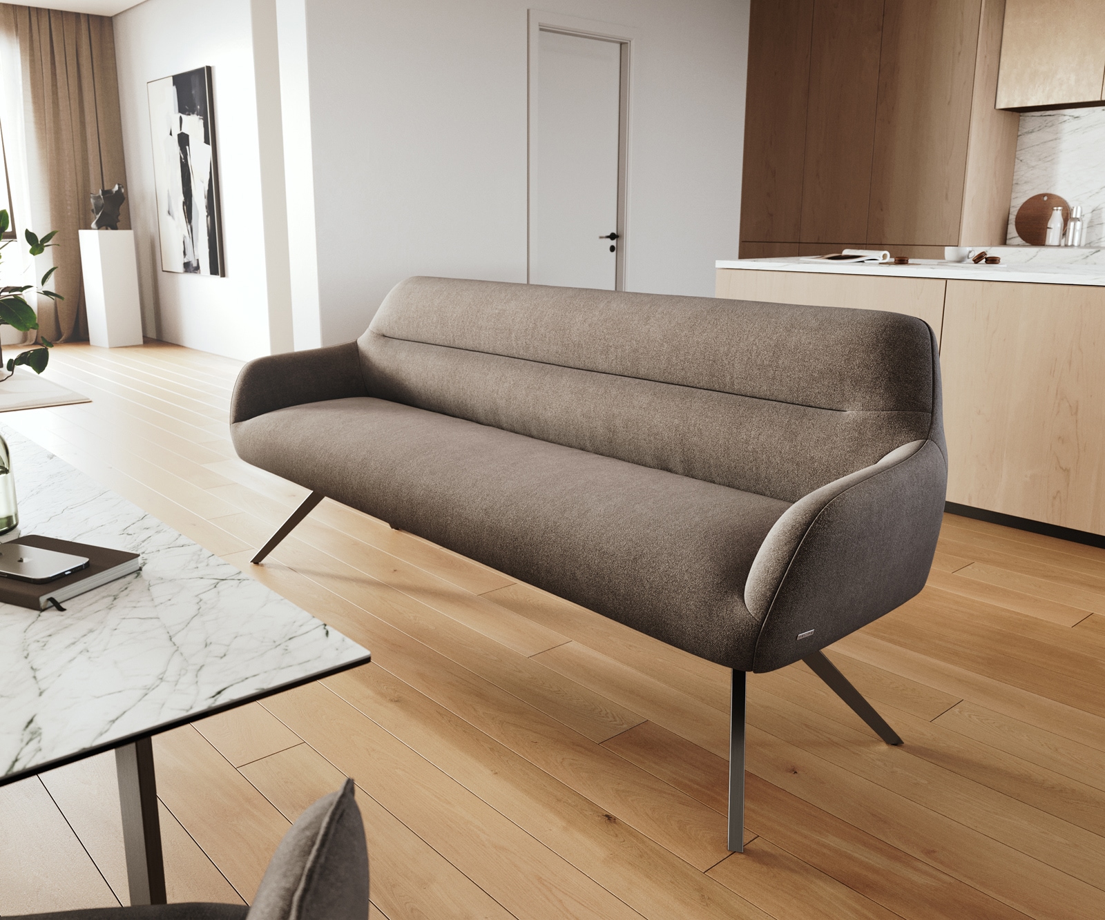 DELIFE Esszimmerbank Taya-Flex 200 cm Strukturstoff Soft Taupe Kreuzgestell kantig Graphit Taschenfederkern, Bänke