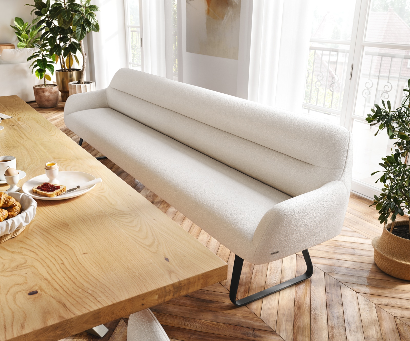 DELIFE Esszimmerbank Taya-Flex 300 cm Bouclé Creme-Weiß Kufengestell flach Schwarz Taschenfederkern, Bänke