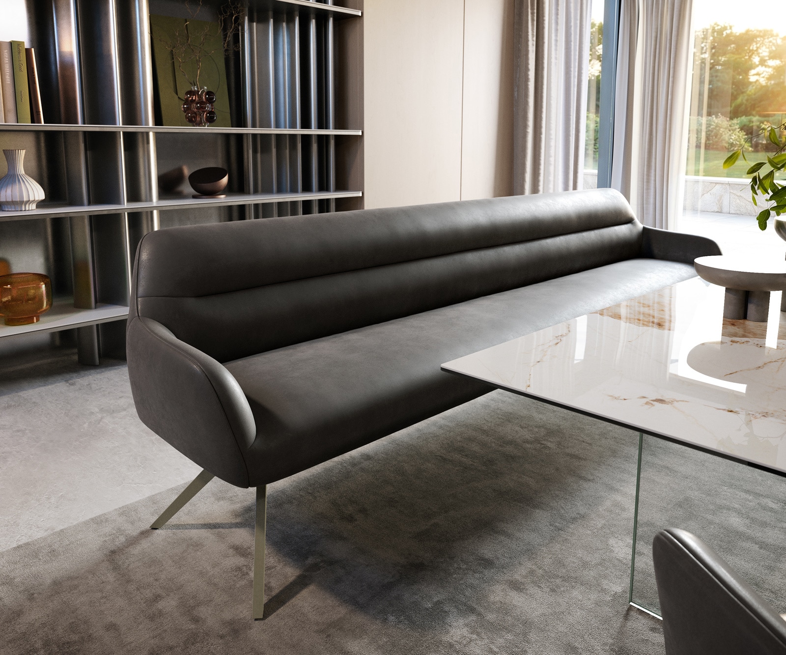 DELIFE Esszimmerbank Taya-Flex 300 cm Mikrofaser Anthrazit Vintage Kreuzgestell kantig Effektfinish Titan Taschenfederkern, Bänke