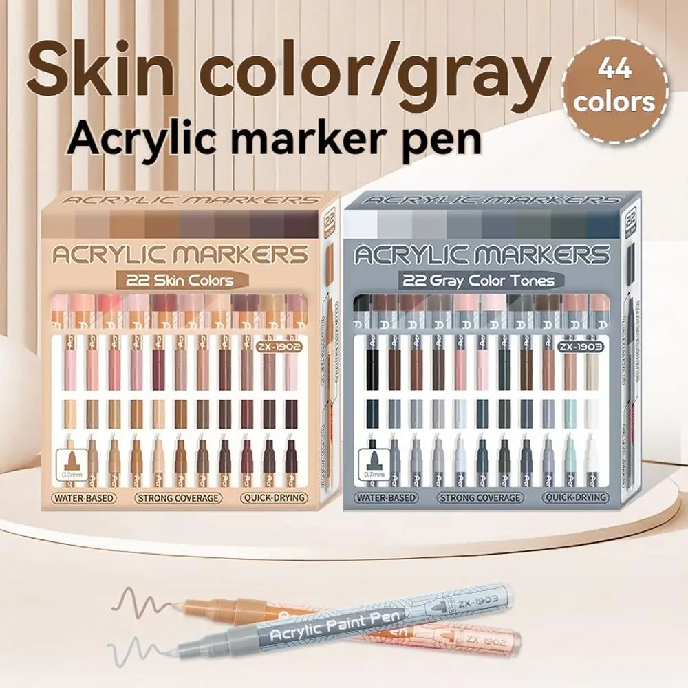 Hautfarbenes / Graues Acryl-Marker-Set, 22 Farben in einem einzigen Set erhältlich, 0. 7mm Ultrafeine Spitze, Wasserbasiert, Schnelltrocknend, Hohe Deckkraft, Geeignet für Verschiedene Materialien Image