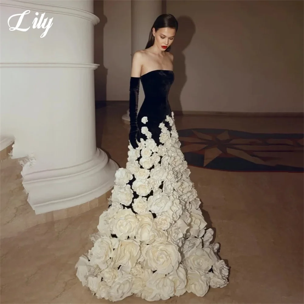 Lily Black Ballkleid, trägerloses Promi-Kleid mit 3D-weißen Rosen, Damen-Abendkleider, elegantes formelles Kleid in A-Linie, individuell gestaltet