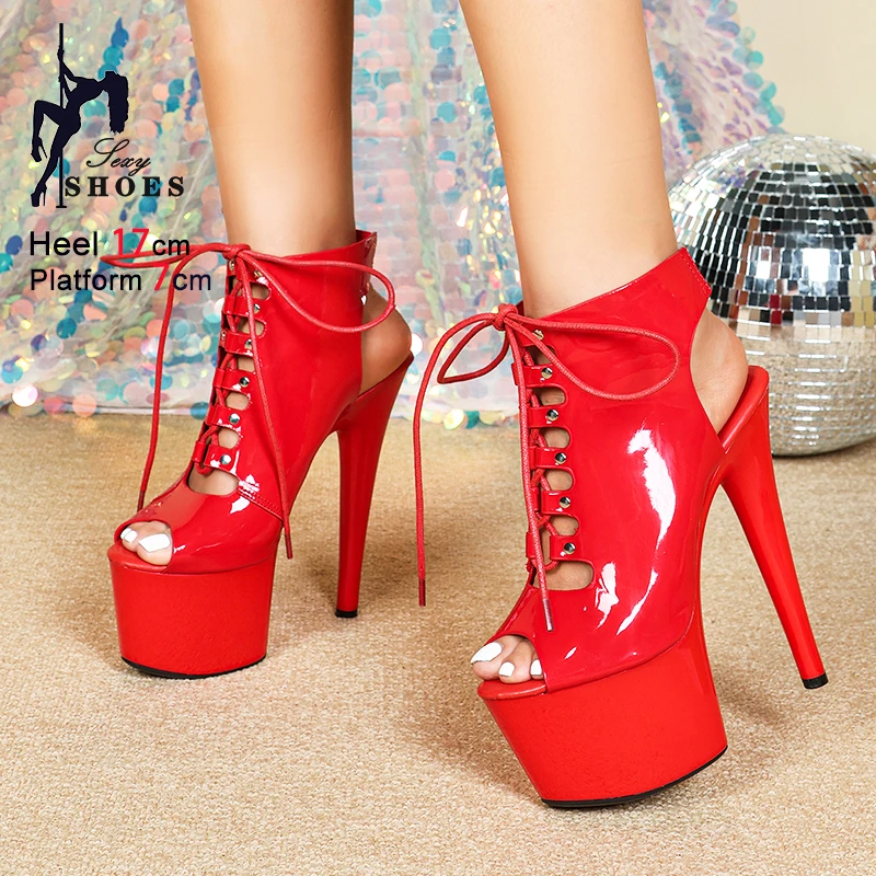 Dicke Plattform Peep Toe 17CM Pole Dance Stiefel Frauen Sexy Aushöhlen Schuhe Nachtclub Club Super High Heel Modell Bühne zeigen Schuhe