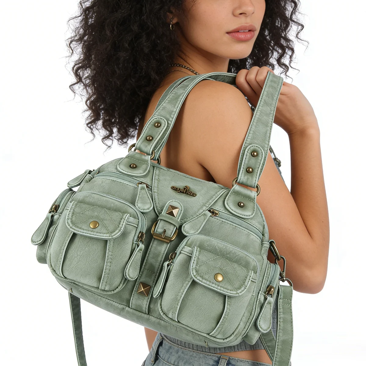 Angel Kiss Handtasche für Damen, kleine Umhängetasche, Umhängetasche mit Tragegriff, PU-Umhängetasche, Vintage-Grün, Umhängetaschen mit mehreren Taschen