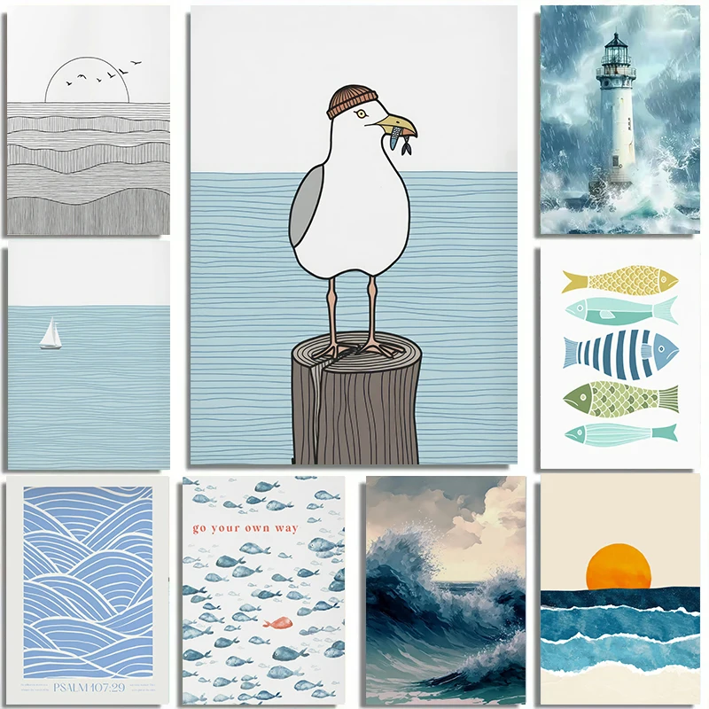 Ästhetische Küsten-Leinwand-Wandkunst, Fisch, Vogel, Strand, Meer, Heimdekoration, moderner Wellendruck, minimalistisches Retro-Poster