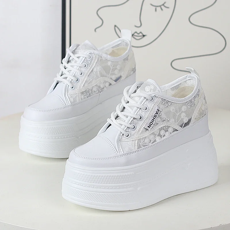 Super High Heel Innen Erhöhen 12CM Kleine Casual Schuhe Mesh Atmungs Dicken Boden Muffin Spitze Lace-up Kleine weiße Schuhe Woma