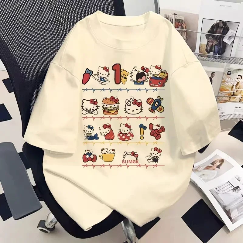 Sanrio 2026 Summer Comic Form Hello Kitty Image 100 % Baumwolle bedrucktes Freizeit-T-Shirt für Erwachsene und Kinder, Eltern-Kind-Oberteil, Homewear, Y2k.