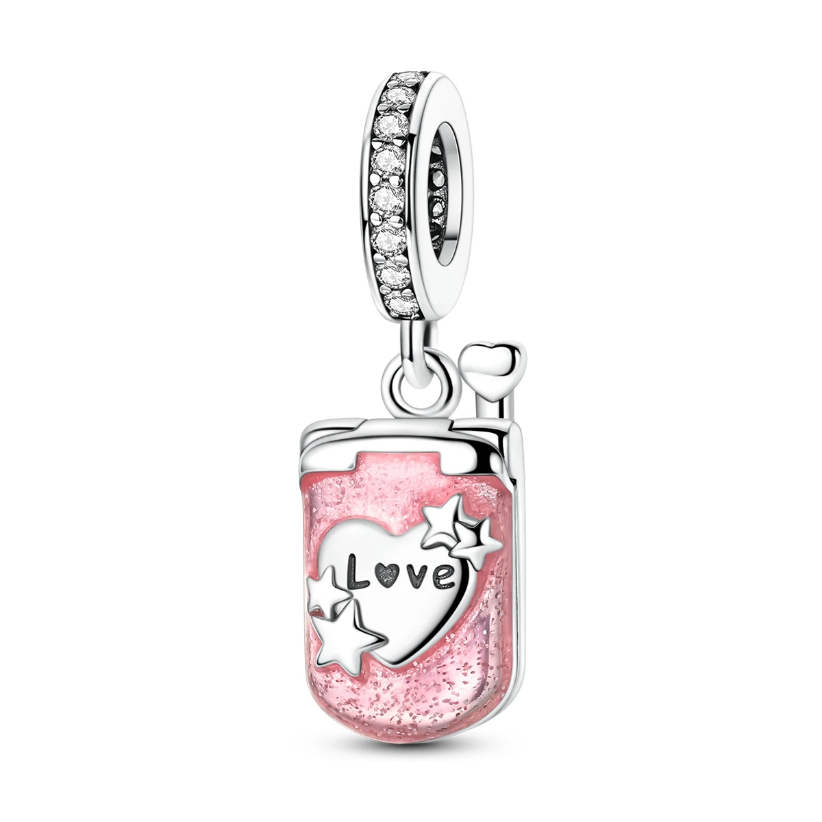 925 Sterling Silber Flip-Phone-Anhänger Rosa Glitzer Emaille CZ Liebesherz Dangle-Perlen Passend für Armbänder Halsketten Damen DIY Schmuck