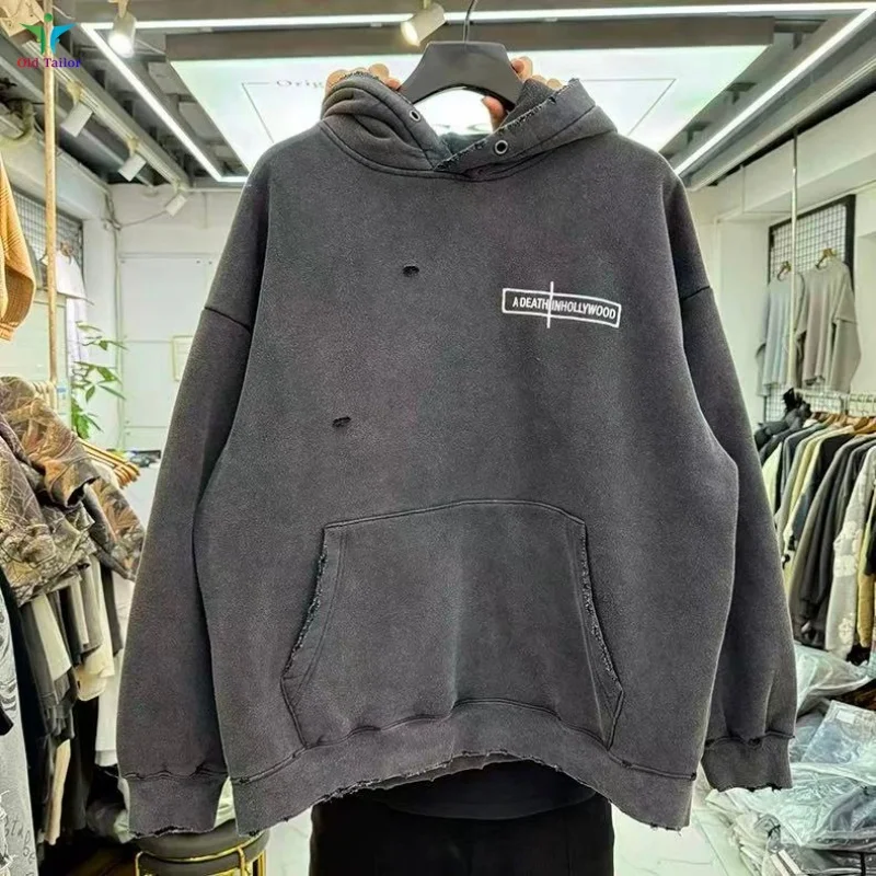 High Street Washed Letter Patch Distressed Premium Kapuzenpullover Herren Damen Übergroßer Hip-Hop-Pullover