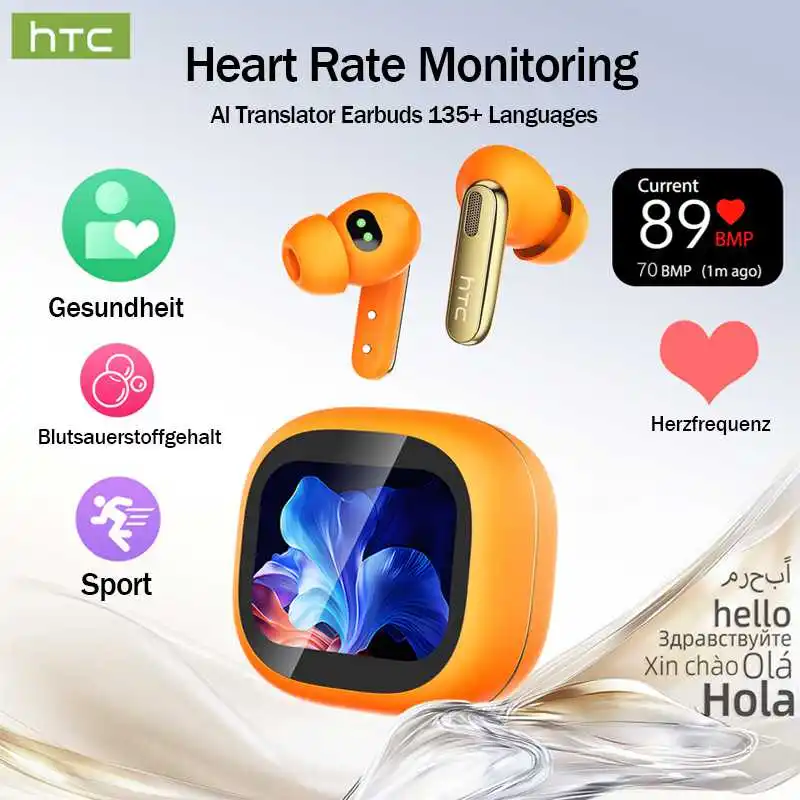 Bluetooth-Kopfhörer, kabellose HTC-Ohrhörer, Full-HD-LCD-Display, Ohrhörer mit Geräuschunterdrückung, bequem für Musik und Sport Image