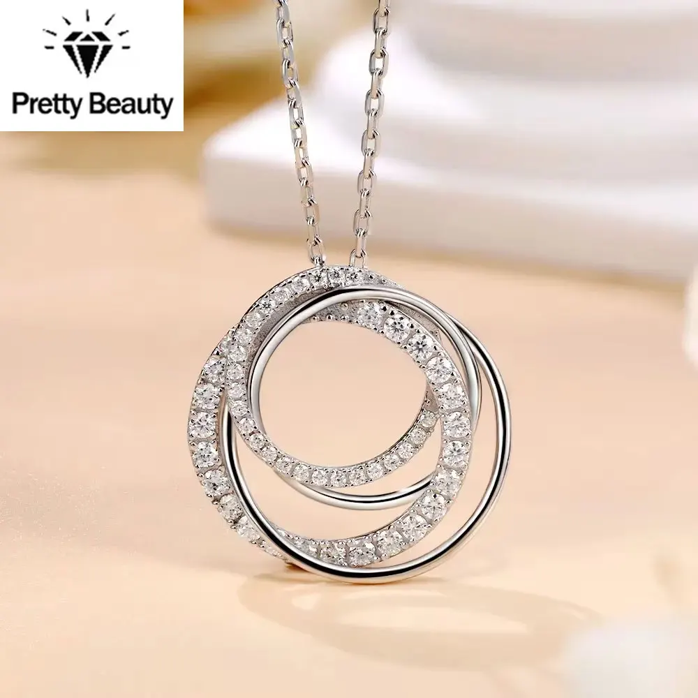 Pretty Beauty S925 Silber Ineinandergreifende Kreise Moissanit-Halskette Weißgold-Plattiert Dreifach-Kreis-Anhänger Feiner Schmuck für Damen