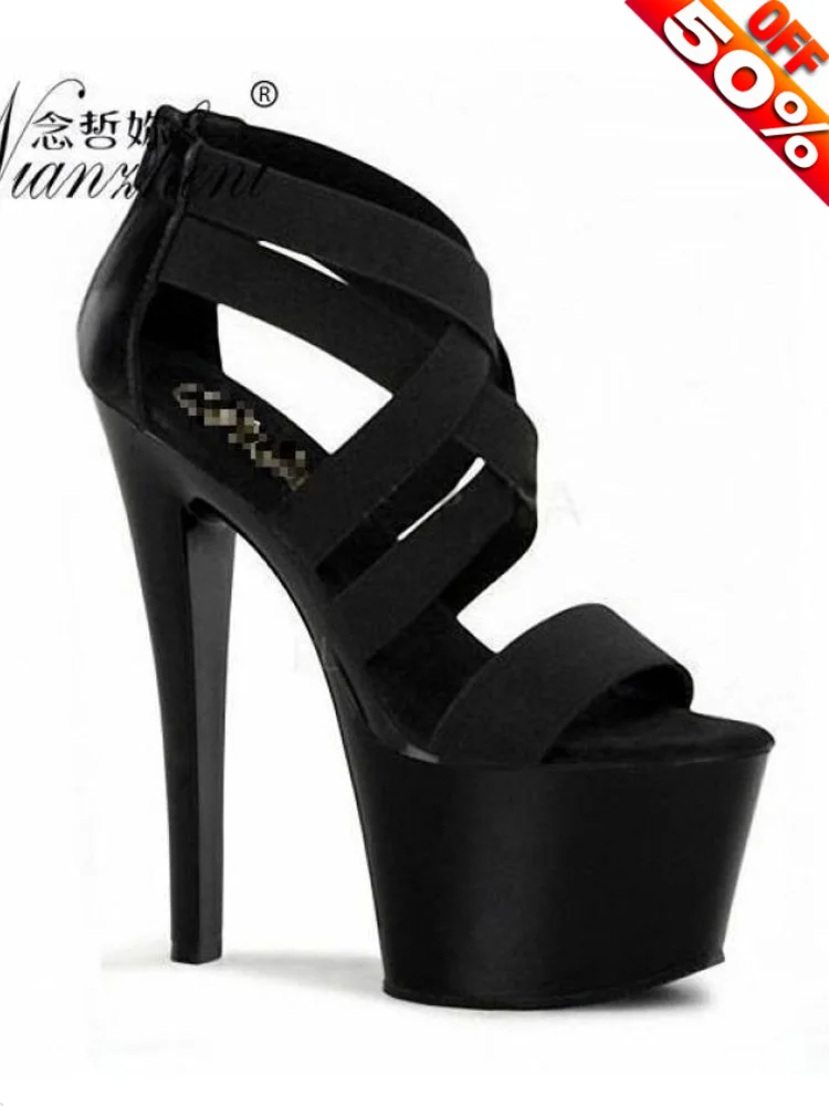 17cm hochhackige Sandalen schwarze Pole Dance steht Walking Cross dress Show exotische hohe Plattform 8 Zoll Nachtclub Frauen Schuhe Stripper