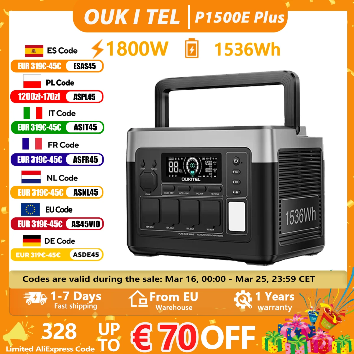 OUKITEL P1500 PLUS 1800W Tragbare Powerstation 1536Wh LiFePO4-Batterie Solargenerator, Notstromversorgung für Zuhause und Outdoor-Camping Image