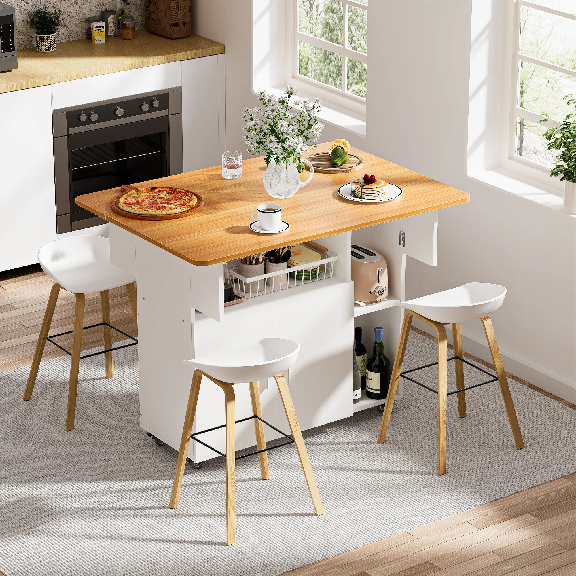 Mobiler klappbarer Esstisch, Holztürschrank, offenes Regal für Küche, Wohnzimmer, Schlafzimmer, Nachttisch, Gelb und Weiß Image