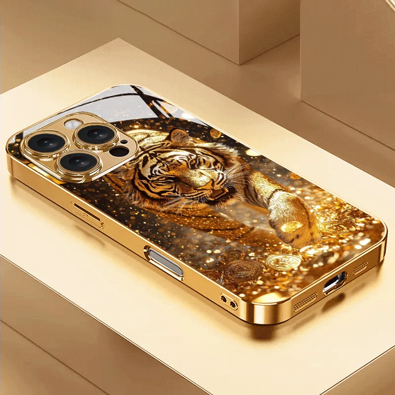 Modische goldene Tiger-Muster-Handyhülle aus gehärtetem Glas für iPhone 11, 13, 12, 14, 15, 16, 16E, 17 Pro Max Air Plus, Schutzhülle Image