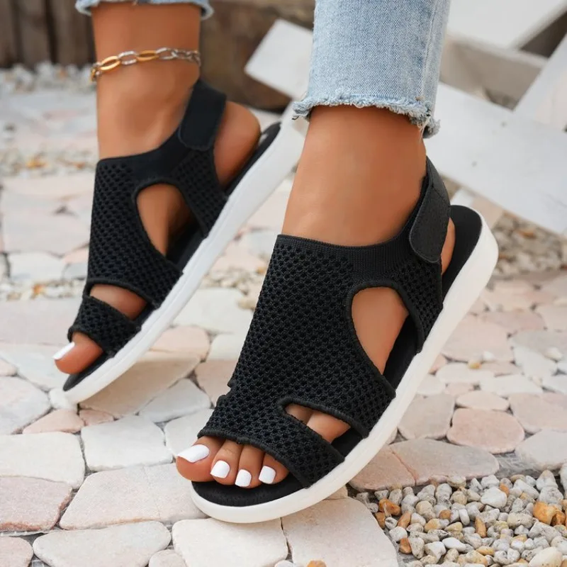 Sommer Damen Flache Schuhe Dehnbare Orthopädische Freizeitsandalen Offene Zehen Strand-Mesh-Schuhe Freizeitschuhe Damen Sandalias Mujeres