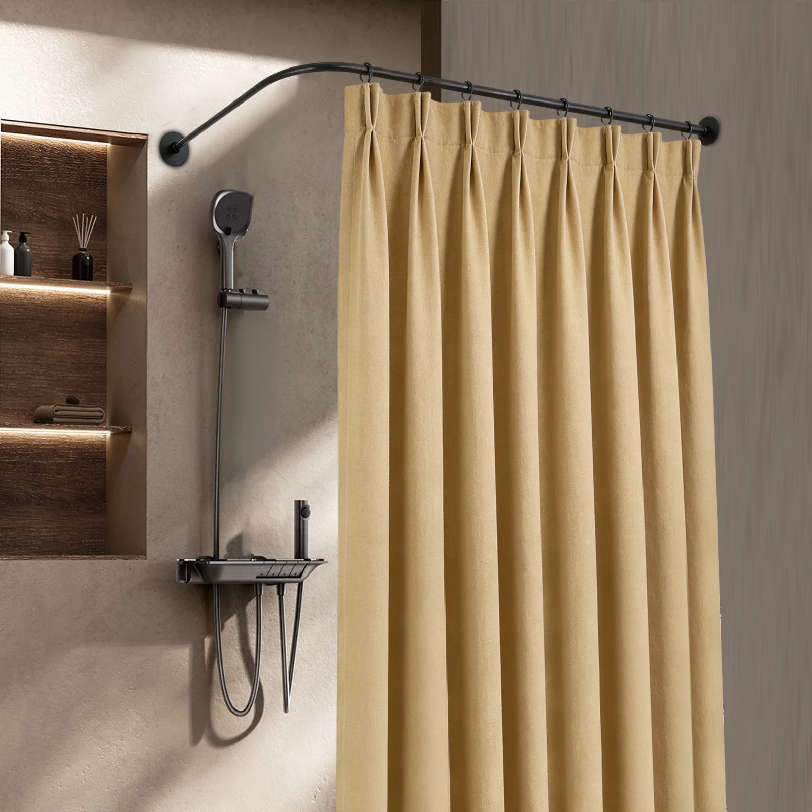 L-förmige Eck-Duschvorhangstange Verstellbar 201 Edelstahl Schwarz Ohne Bohren / Mit Bohrer Installation Badezimmer Badewannenstange