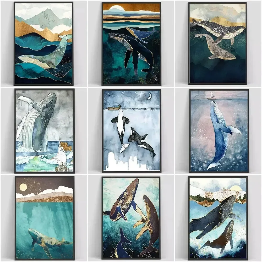 Abstrakte Poster, großer Wal, Schiff, Meer, Meerestiere, Leinwandgemälde, Poster und Drucke, Wandkunst, Bild für Wohnzimmerdekoration