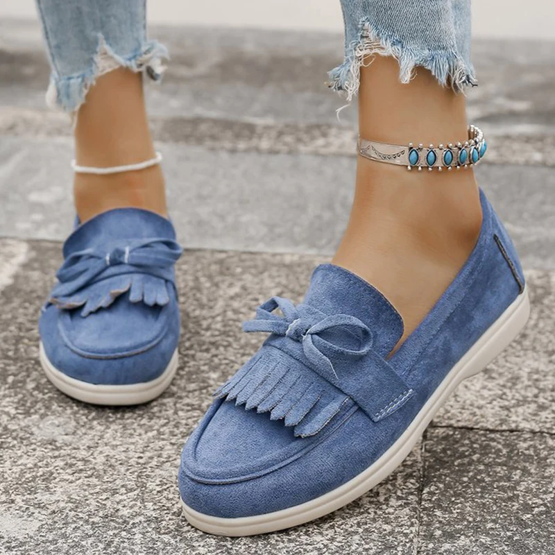 Retro Quaste Bowknot Wohnungen Schuhe Frauen Einfarbig Faux Wildleder Flache Schuhe Frau Tragen Beständig Plus Größe 36-43 casual Schuhe Dame