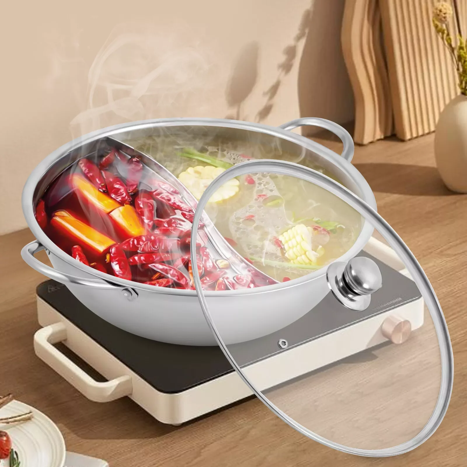 Edelstahl-Hot Pot mit Trennwand, Hot Pot mit doppeltem Geschmack, Größe 28 x 7 cm, ideal zum Kochen und Mandarinde-Enten-Topf Image