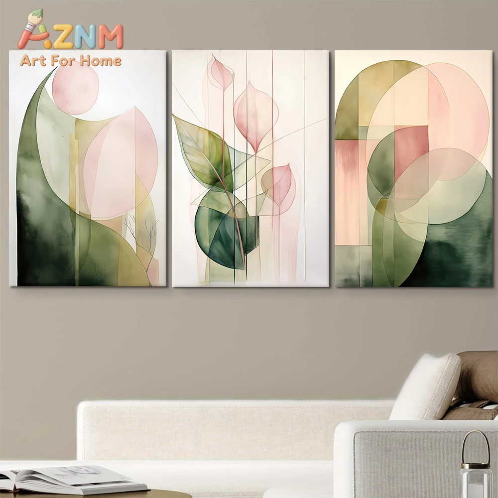 3-teiliges, modernes, abstraktes Leinwand-Dekorationsgemälde mit geometrischen Linien und sanften Farben, Wandkunst im nordischen Stil für Zuhause Image
