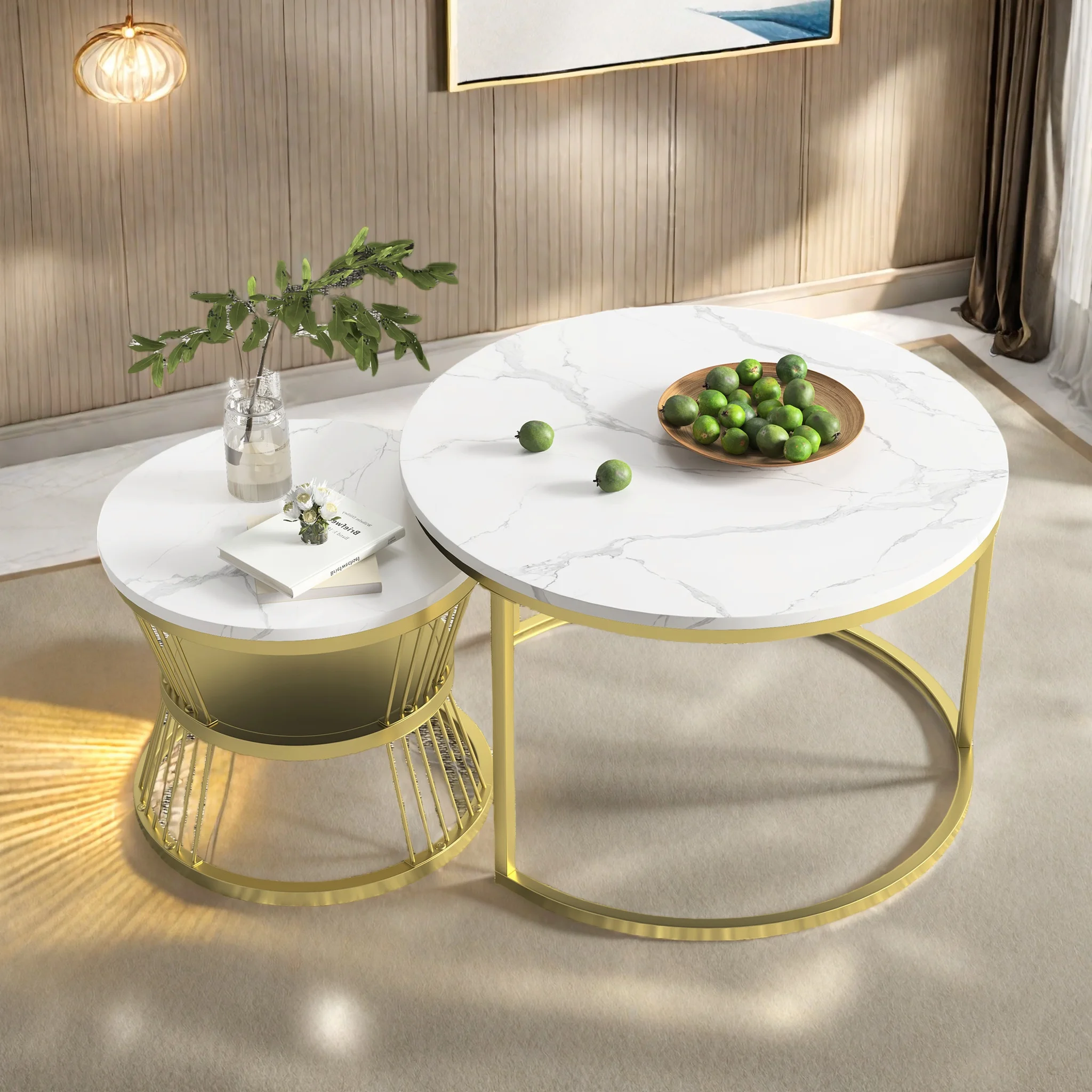 Comanlia 2er-Set Runde Couchtische, Beistelltisch-Set Sofatisch mit Metallbeinen, Marmor-Optik, für Wohnzimmer, Schlafzimmer, Gold