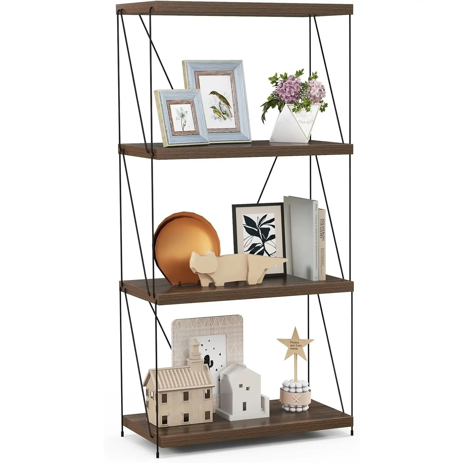 Bücherregal 4-stöckiges offenes Regal, Ablage fach mit stabilem Metallrahmen, industrielles Regal für Wohnzimmer, Büro, 4 Ebenen Image